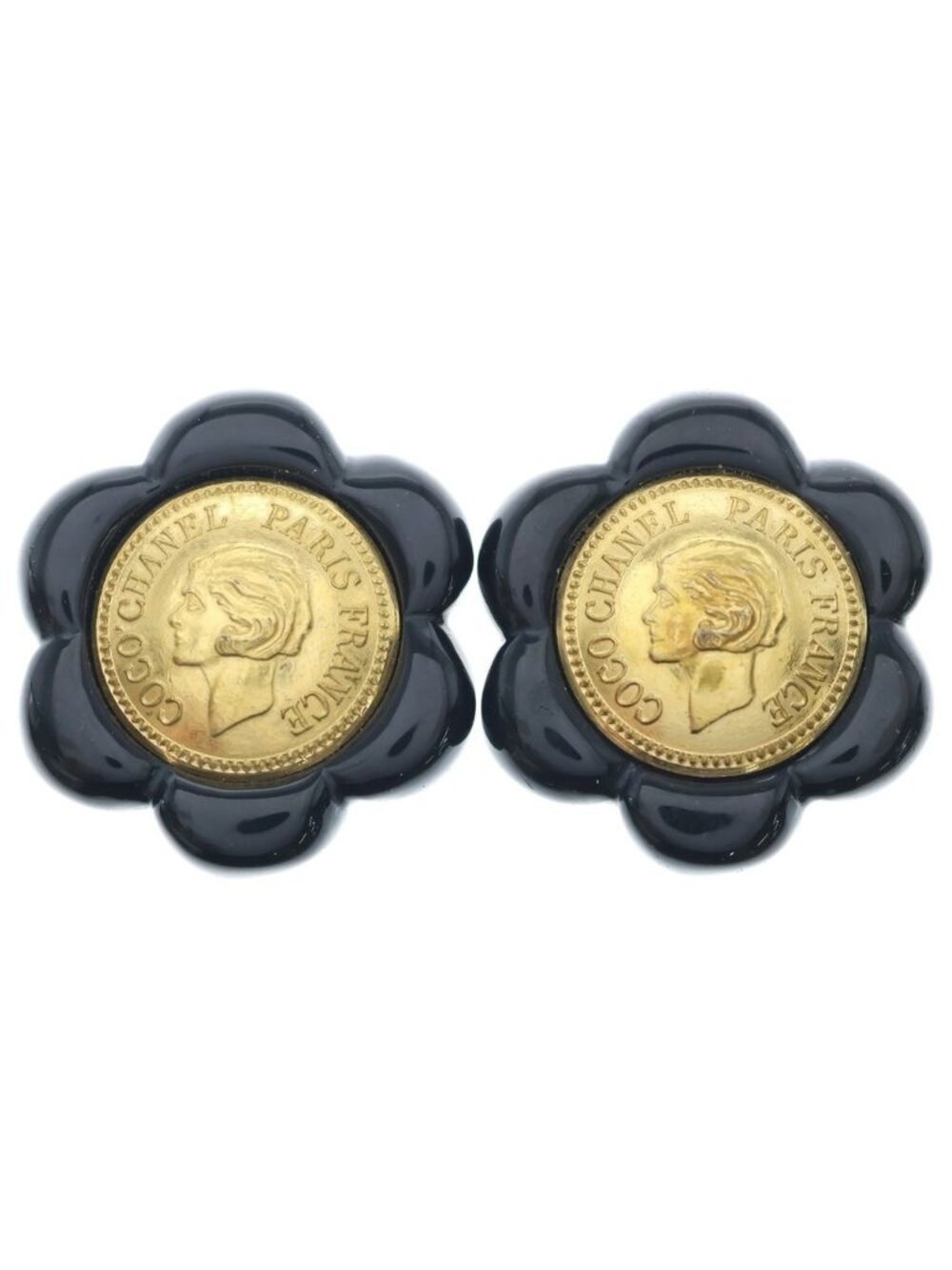 Chanel Camellia Coin Motif Earrings Black Gold